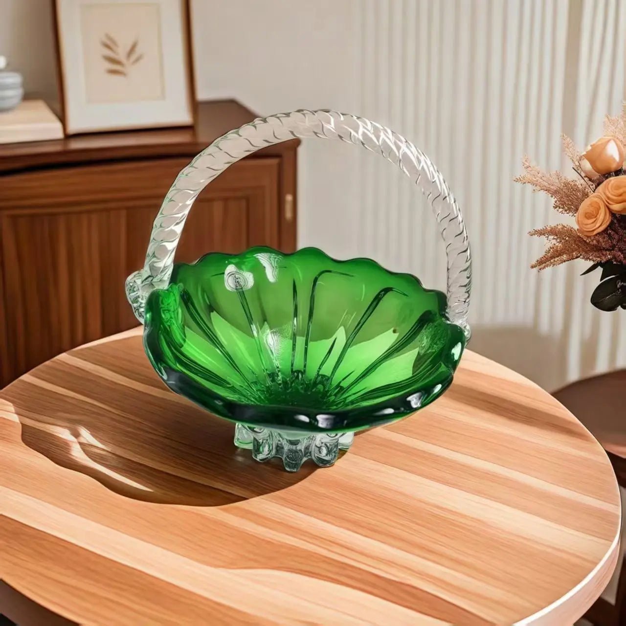 Afralia™ Crystal Handle Fruit Basket Glass Tray for Coffee Table, Elegant Living Room Decor