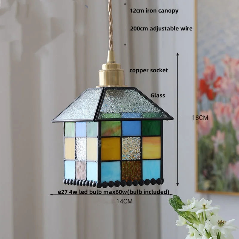 Afralia™ Colorful Glass Magic Cube LED Pendant Lights Tiffany Style Wood Hang Lamp