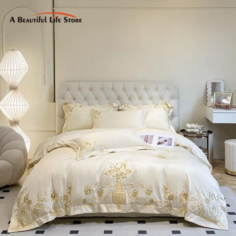 Afralia™ Luxury Gold Flowers Embroidery Cotton Bedding Set