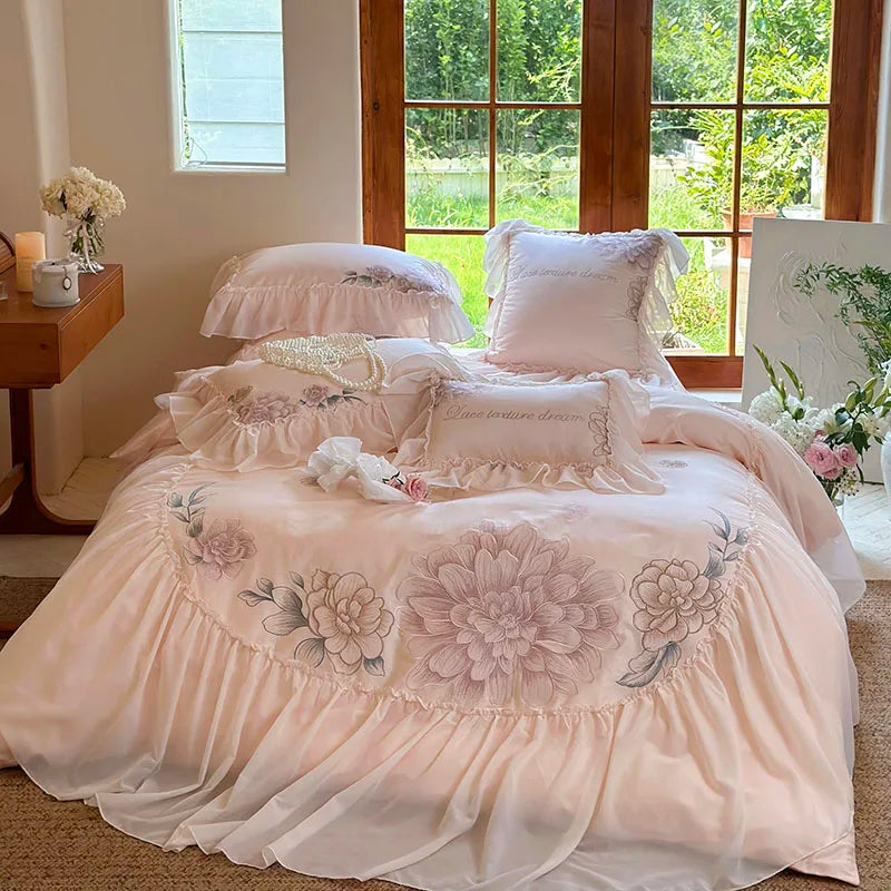 Afralia™ Pink Flowers Lace Ruffles Princess Bedding Set, 1200TC Egyptian Cotton Duvet Cover