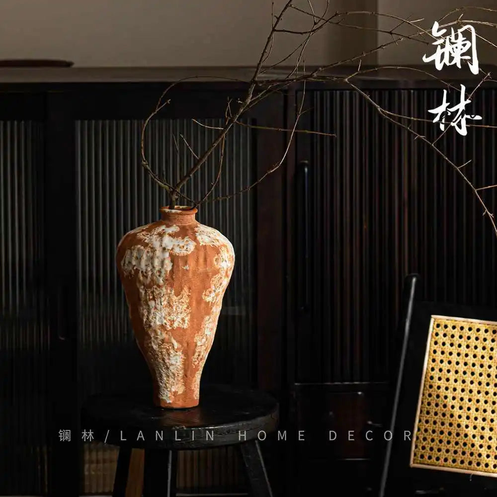 Afralia™ Wabi-Sabi Pottery Vase, Stylish TV Cabinet Decor, Artistic Flower Pot