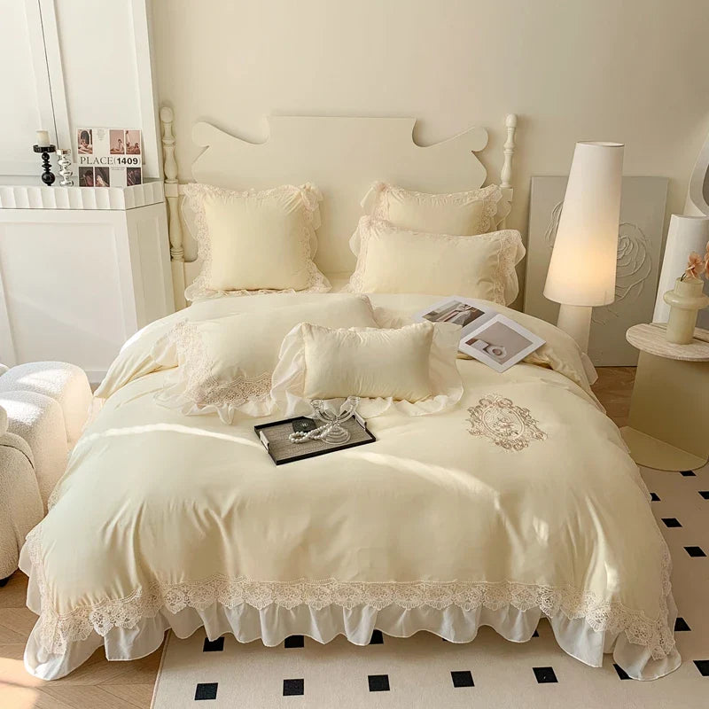 Afralia™ Matcha Green French Chiffon Lace Queen Bedding Set with Ruffles & Embroidery
