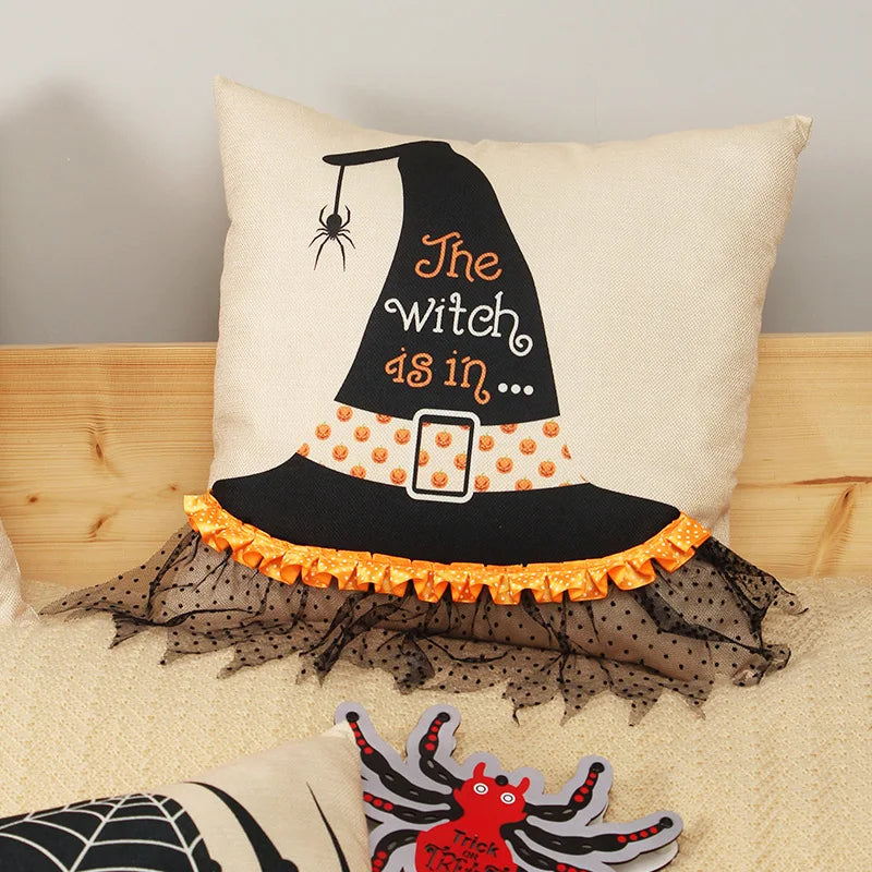 Afralia™ Halloween Wizard Hat Spider Embroidered Throw Pillow Cover