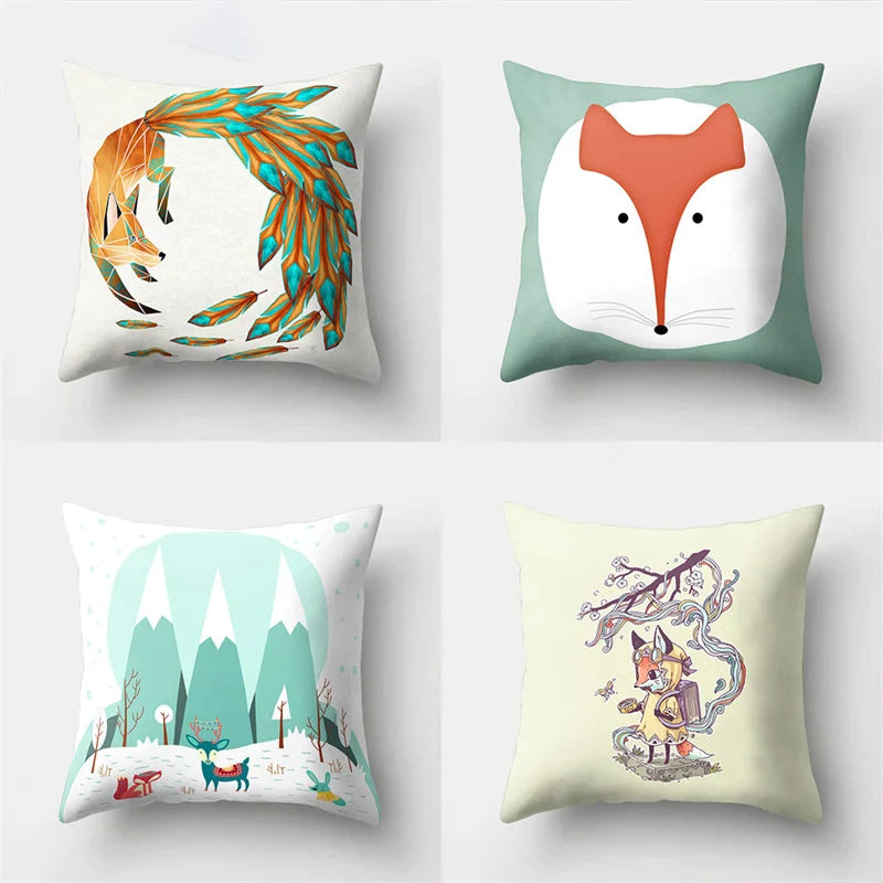 Fox Animal Sofa Pillowcase by Afralia™ - Cartoon Bird Landscape Design for Home Decoration