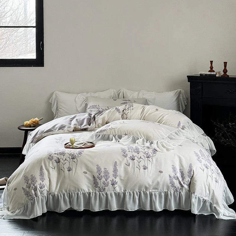 Afralia™ Lace Ruffles Princess Cotton Bedding Set, Floral Quilt Cover, Girls Wedding Home Textiles