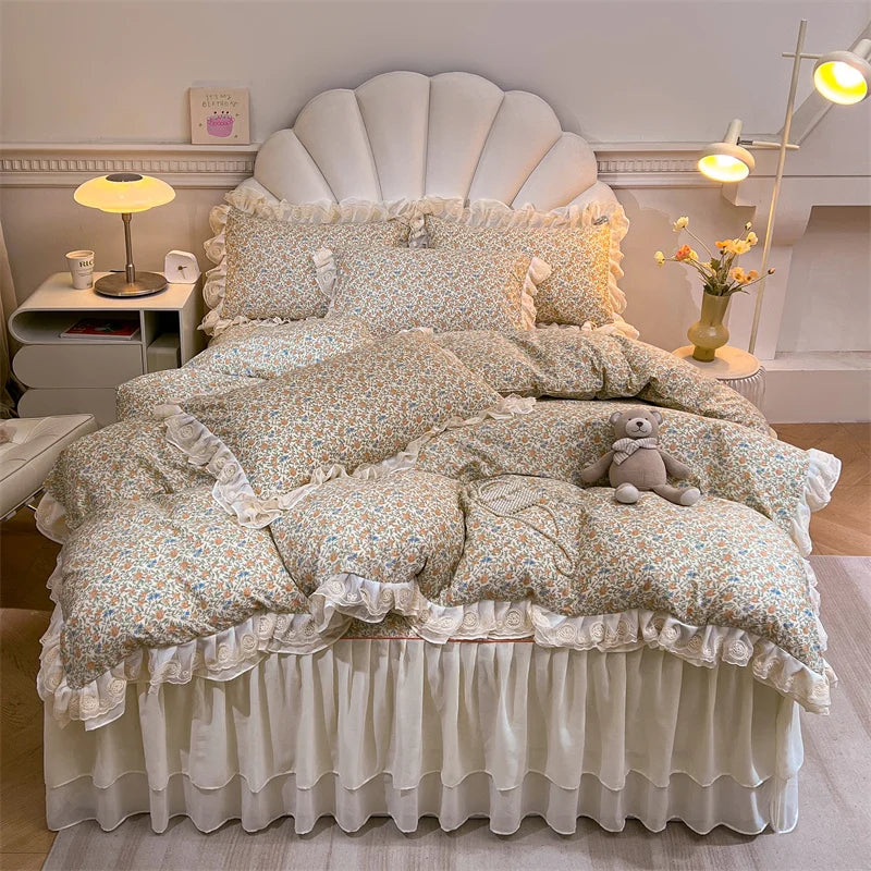 Afralia™ Princess Lace Ruffles Floral Bedding Set with Duvet Cover and Bed Skirt