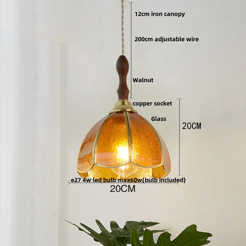 Afralia™ Tiffany Glass LED Pendant Walnut Wood Dining Room Light