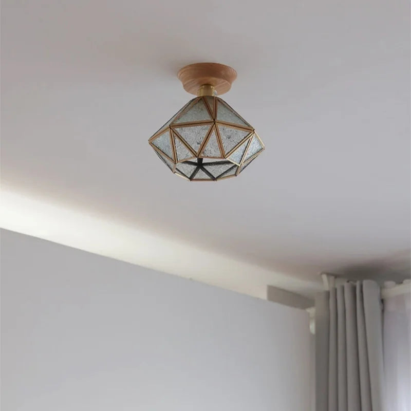 Afralia™ Tiffany Glass Copper Ceiling Lights Wood Ash LED Lamp Japan Style