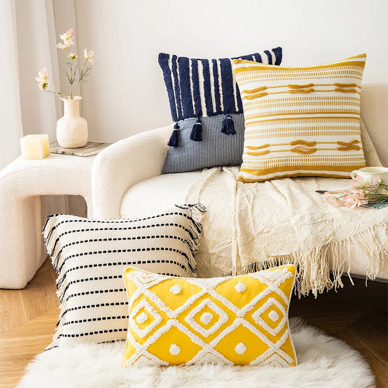 Afralia™ Yellow Geometric Tufted Cushion Cover with Crochet Tassels