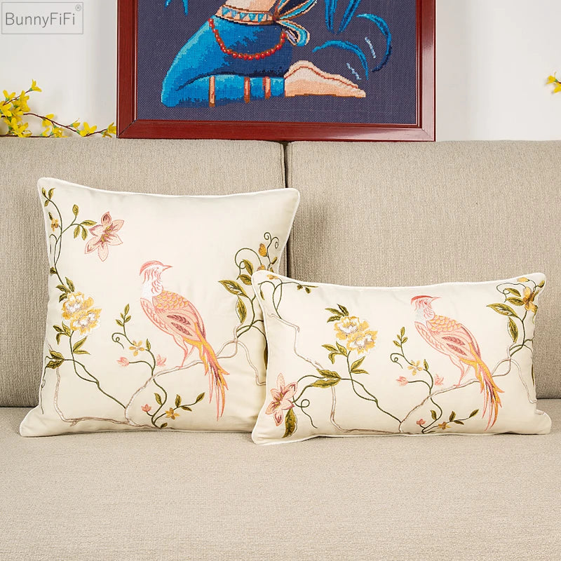 Afralia™ Floral Country Cushion Cover 45x45cm - Cotton Embroidery Square Pillow Cover