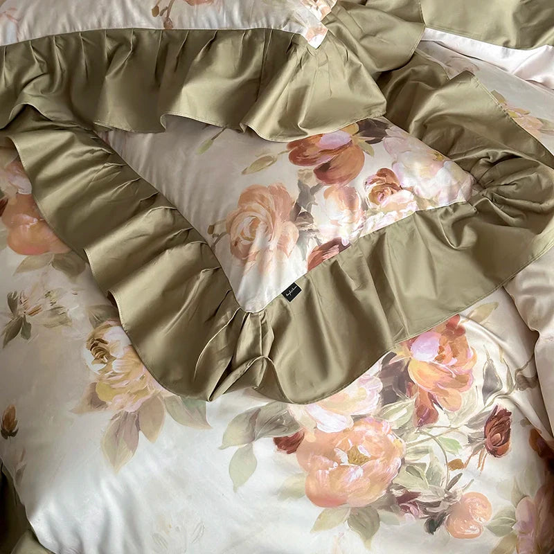 Afralia™ French Vintage Ruffles Bedding Set in Egyptian Cotton with Flowers Prints