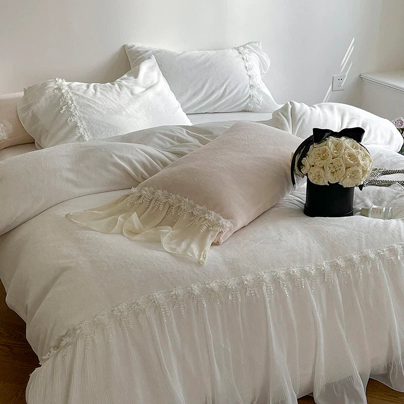 Afralia™ Romantic Lace Ruffles Bedding Set with Flowers Embroidery