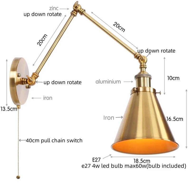 Afralia™ Vintage Iron Gold LED Wall Lamp with Long Arm and Pull Chain Switch