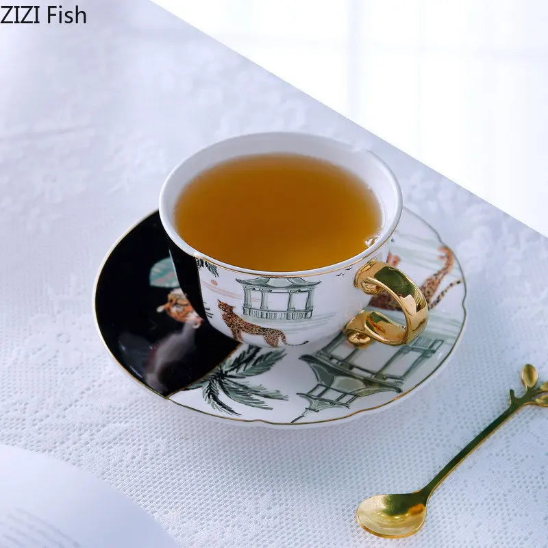 Afralia™ Watercolor Tiger Leopard Ceramic Gold-plated Coffee Tea Cup Embellished Mug