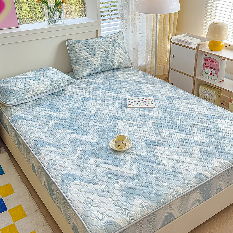 Afralia™ Cool Silk Latex Fitted Sheet Set with Pillowcases, Summer Ice Silk, Single Double Bed