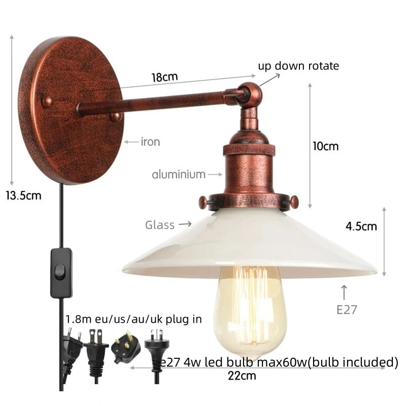 Afralia™ Retro White Glass LED Wall Light Sconce Industrial Vintage Bedroom Lamp