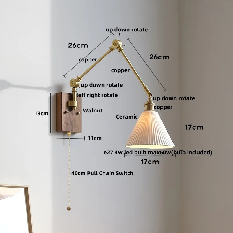 Afralia™ Wood LED Wall Light with Pull Chain Switch & Rotatable Amber Glass