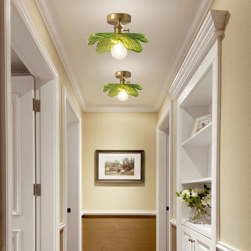 Afralia™ Green Flower Glass Copper Ceiling Light - Nordic Modern LED, Living Room Bedroom Hallway Fixtures