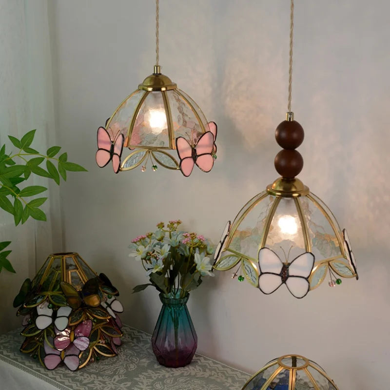Afralia™ Clear Glass LED Pendant Light Tiffany Butterfly Hanging Lamp