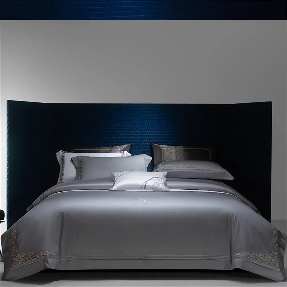 Afralia™ Satin Jacquard Embroidery Bedding Set King Queen with Egyptian Cotton - 4 Piece