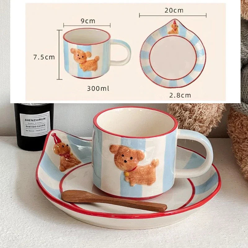 Afralia™ Kawaii Animal Ceramic Drinkware Set: Coffee Cup, Dessert Plate, Cute Dog Mug