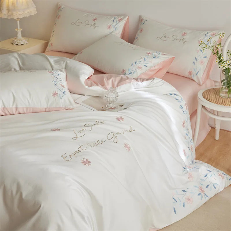Afralia™ Luxury 100S Long Staple Cotton Embroidery Bedding Set, Ultra Soft Solid Duvet Cover, Double King Size