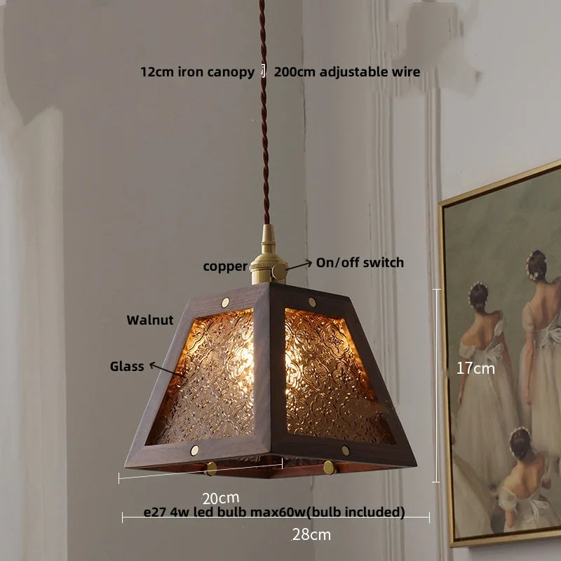 Afralia™ Glass LED Pendant Lamp with Walnut Wood Brass Accent