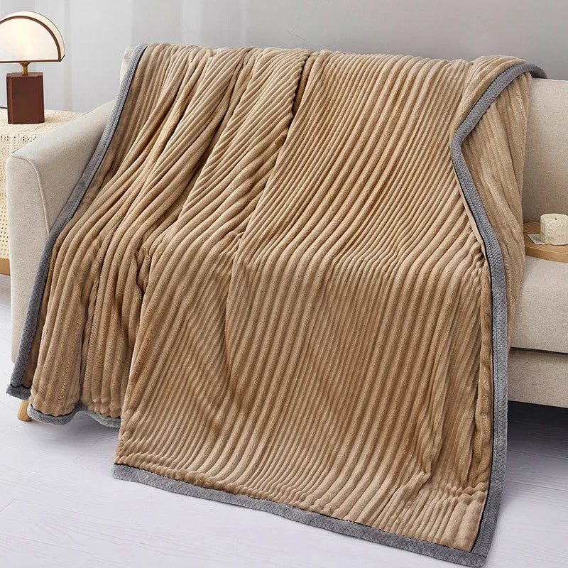 Afralia™ Solid Stripe Faux Rabbit Blanket Flannel for All Seasons, Single Double Bed