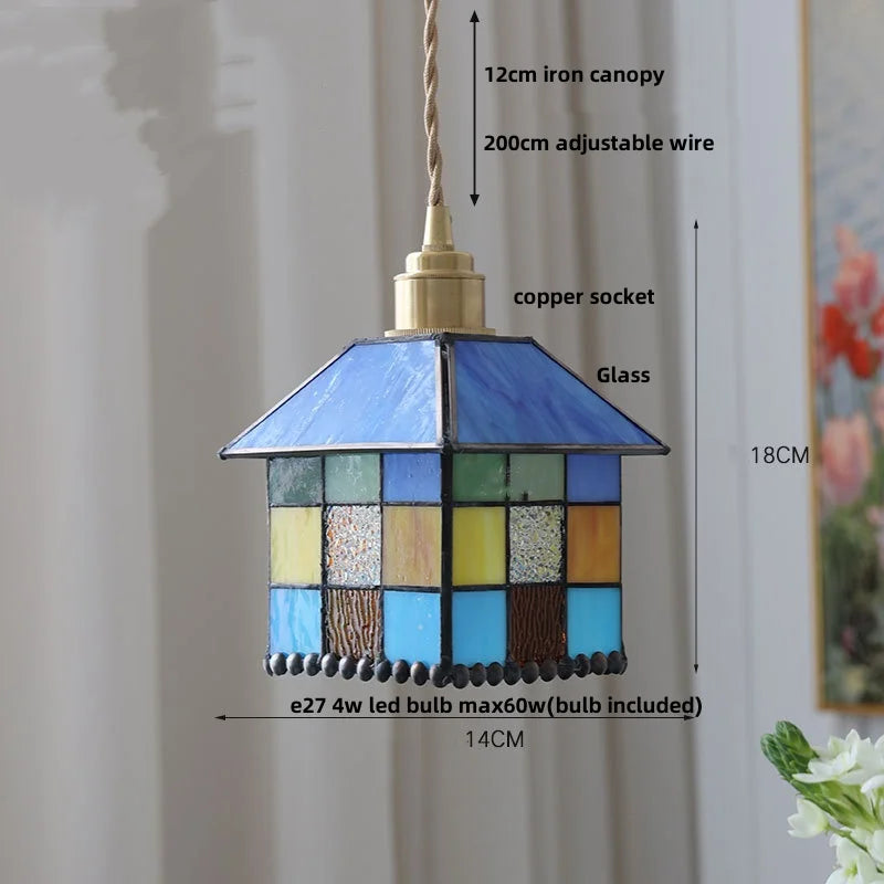 Afralia™ Colorful Glass Magic Cube LED Pendant Lights Tiffany Style Wood Hang Lamp