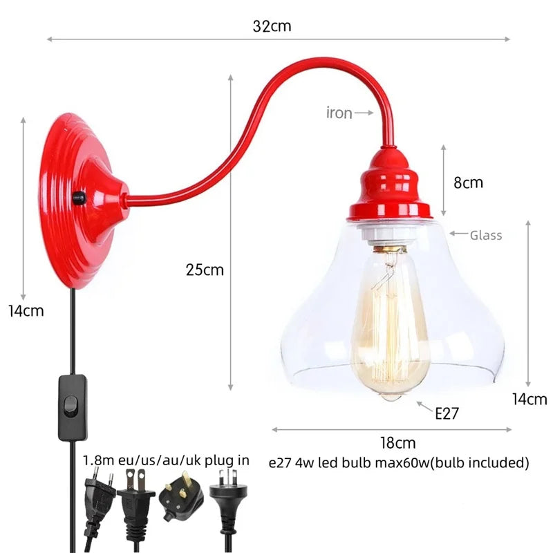 Afralia™ Vintage Loft Red Glass LED Wall Lamp for Indoor Living Spaces