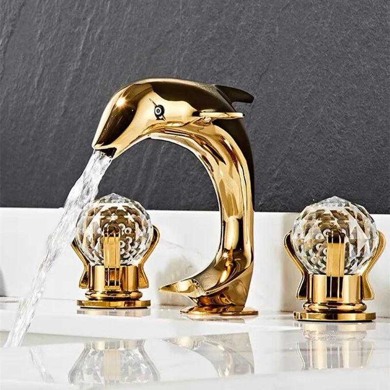 Afralia™ Gold Basin Faucet: Brass Nickel Dolphin Bathroom Sink Faucet, 3 Hole Widespread