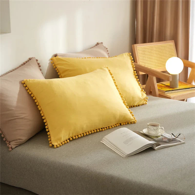 Afralia™ Luxe Furball Tasseled Yellow Bedding Set Queen/King Size Duvet Cover & Soft Bed Cover Sets