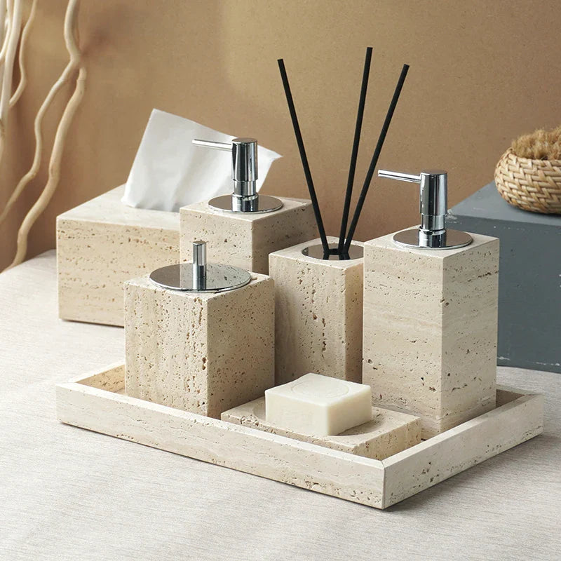 Afralia™ Beige Travertine Marble Bathroom Accessories Set - Soap Dispenser, Soap Dish, Reed Diffuser