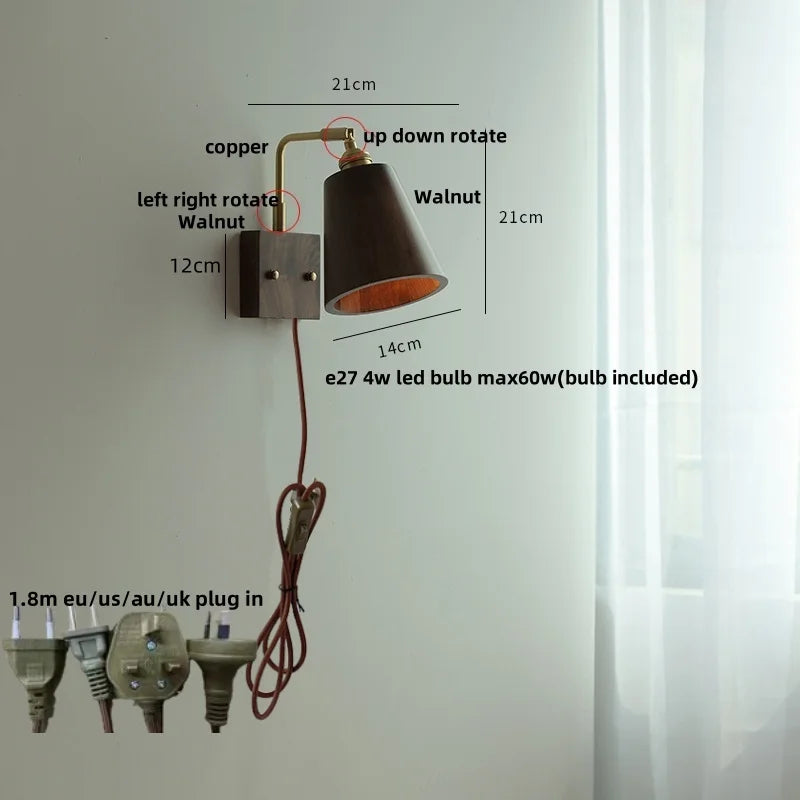 Afralia™ Vintage LED Rotatable Wall Sconce with Pull Chain Switch - Walnut Wood Mirror Light