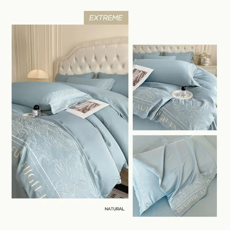 Afralia™ Solid Ice Silk Embroidery Bedding Set: Silky Cooling Duvet Cover, Cozy & Skin-Friendly