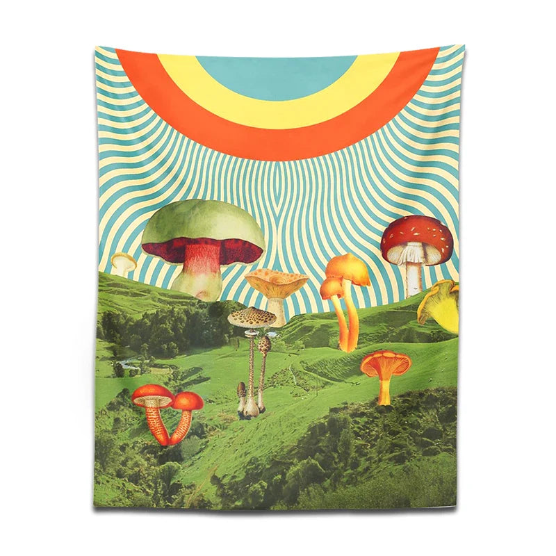 Psychedelic Mushroom Mountain Tapestry by Afralia™ - Hippie Bohemian Wall Decor