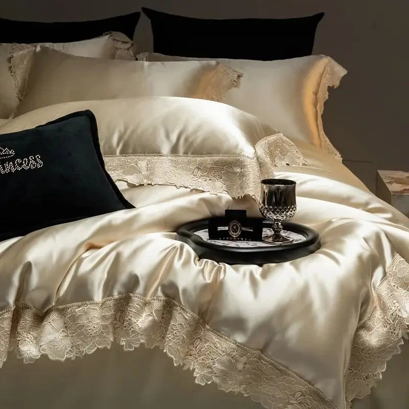 Afralia™ Luxe French Lace Edge Bedding Set: Silky Lyocell Cotton Duvet Cover, Sheet & Pillowcases