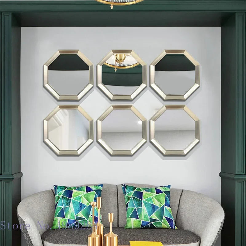 Afralia™ Octagon Geometric Glass Wall Mirror Set with Golden Border