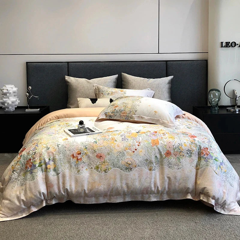 Afralia™ Flowers Plant Print Bedding Set: Luxe Lyocell Cotton Soft Silky Cool Duvet Cover Set