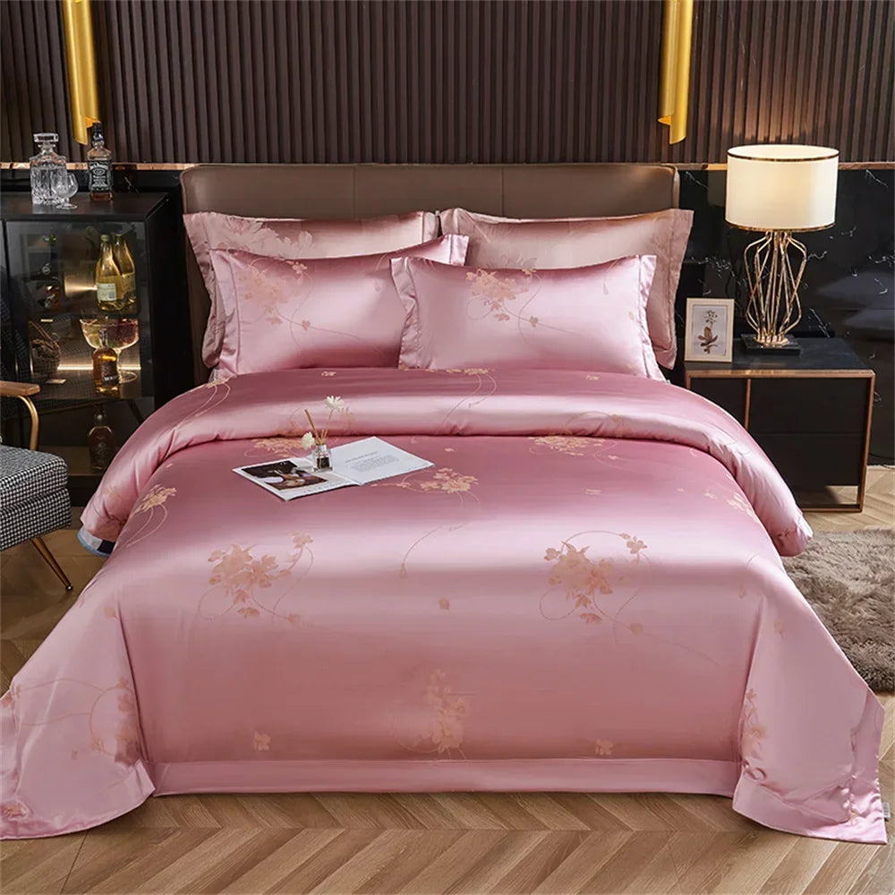 Afralia™ Blue Satin Jacquard Embroidery Bedding Set: King/Queen Size Bed Lines, Duvet Cover, Pillowcase
