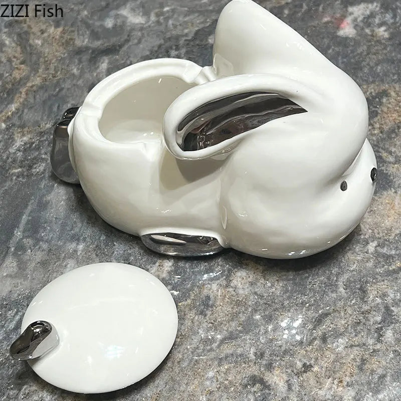 Afralia™ Pink Rabbit Ceramic Ashtray with Lid - Creative Cartoon Desk Decoration