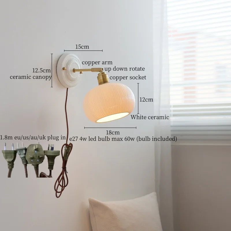 Afralia™ Pleats Ceramic LED Wall Light Bedroom Bathroom Mirror Bedside Lamp Copper