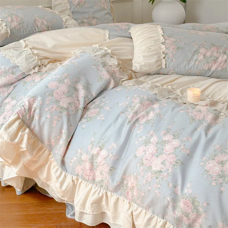 Afralia™ French Floral Bedding Set: Vintage Country Flowers with Ruffles, Duvet Cover, Flat Sheet & Pillowcases