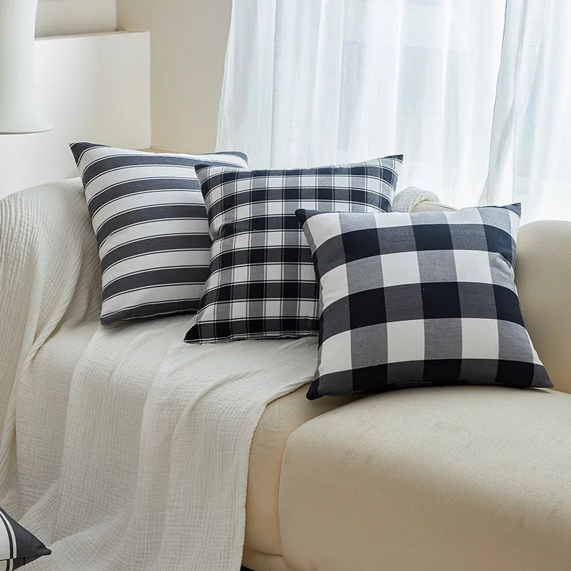 Afralia™ Geometric Plaid Striped Cotton Canvas Pillow Cover for Sofa