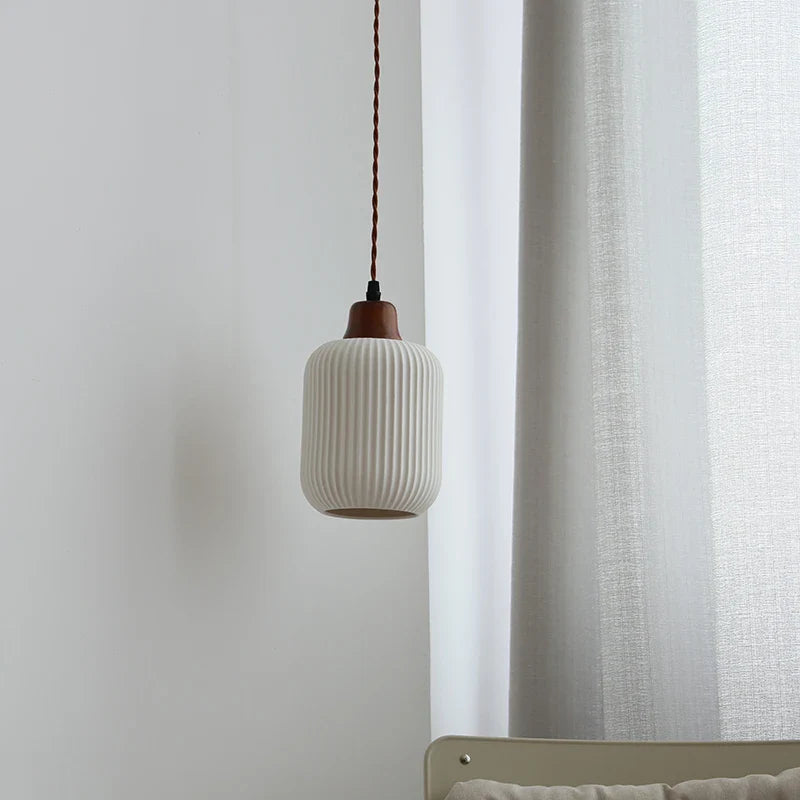 Afralia™ Nordic LED Pendant Light White Ceramic Walnut Wood Hanging Lamp