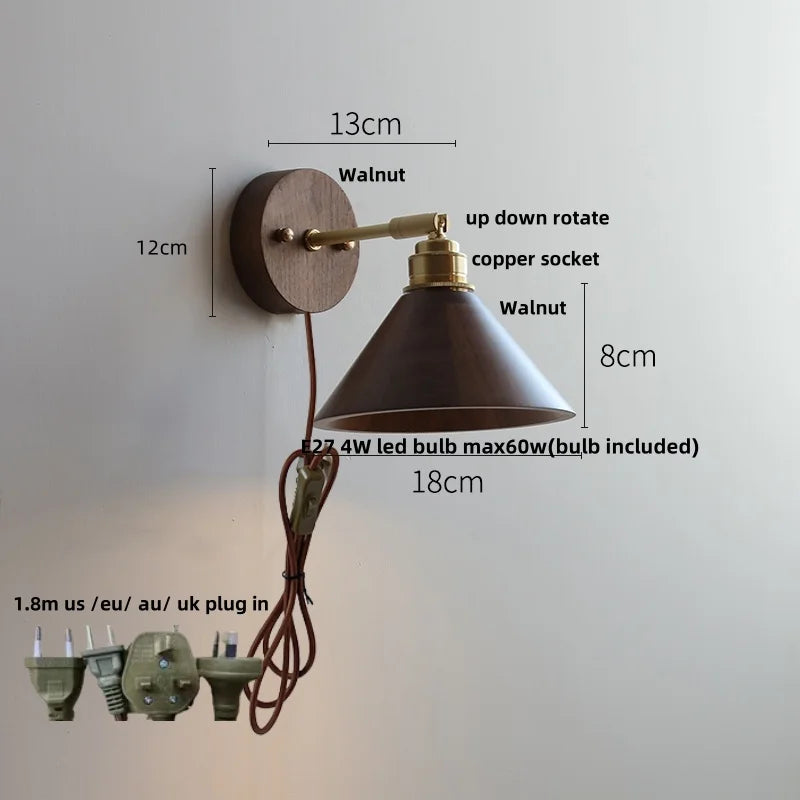 Afralia™ Walnut Wood LED Wall Sconce with Pull Chain Switch - Modern Nordic Copper Socket