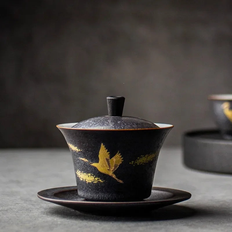 Afralia™ Handmade Ceramic Gaiwan Tea Cup Kung Fu Tea Set Tureen Drinkware