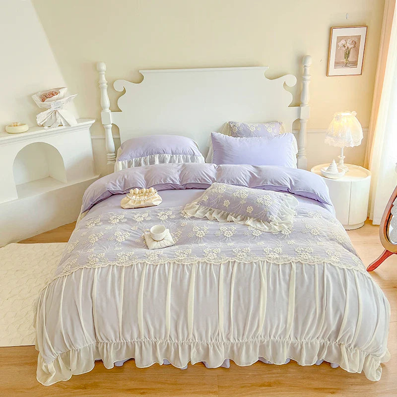 Afralia™ Pink Chiffon Lace Ruffles French Princess Bedding Set - 6-Piece Queen Size
