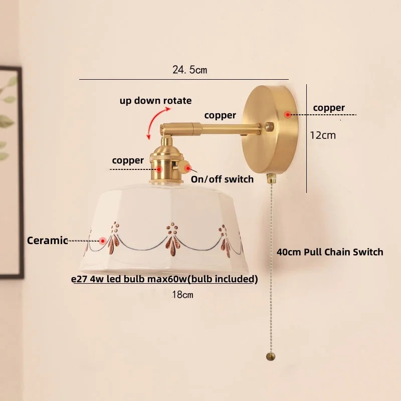 Afralia™ Ceramic LED Wall Lamps Pull Chain Switch Rotate Copper Vanity Light