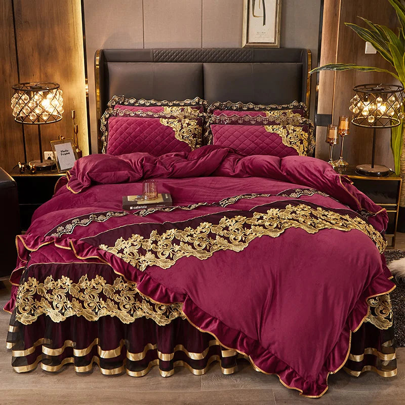 Afralia™ Black Gold Lace Duvet Set, Luxury Crystal Velvet, Quilted Embroidery, Ruffle Bedding